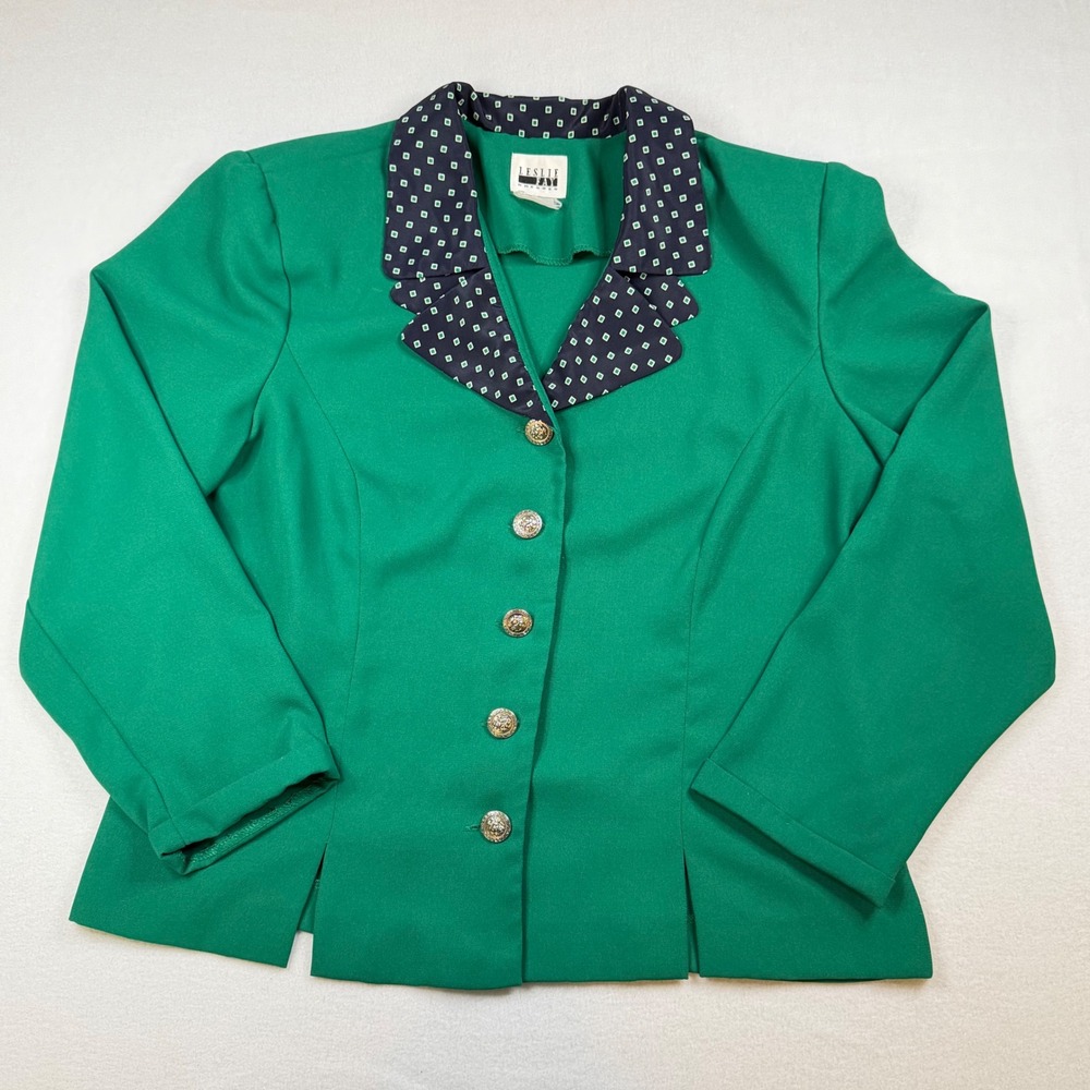 Leslie Fay Vintage Green Blazer Jacket Navy Geometric Collar Gold Buttons Sz L